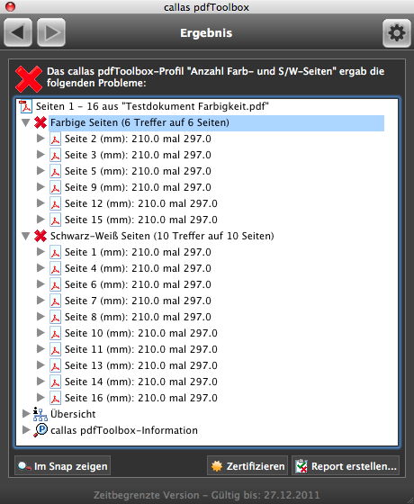 Prüfprofil über farbige und S/W Seiten in einem Dokument