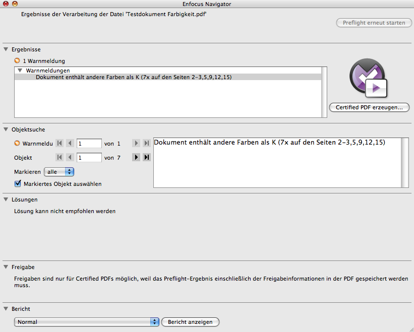 Ergebnis der Prüfung im PitStop Navigator