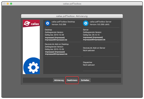 Beginn über die Schaltfläche Deaktivieren des Info über callas pdfToolbox Fensters