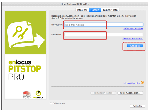Eingabe der Log-in Daten der Enfocus ID