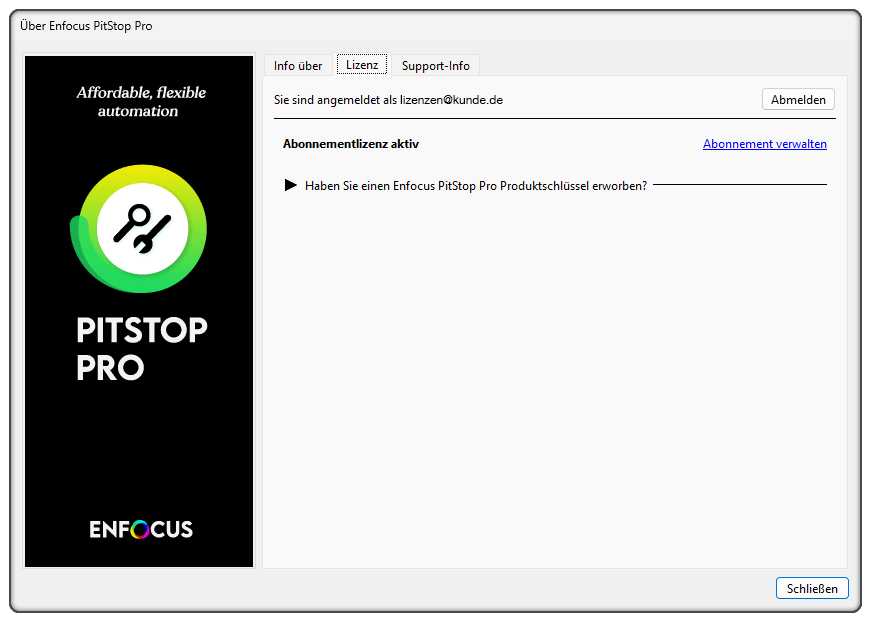 Angemeldet und Lizenz Bezug