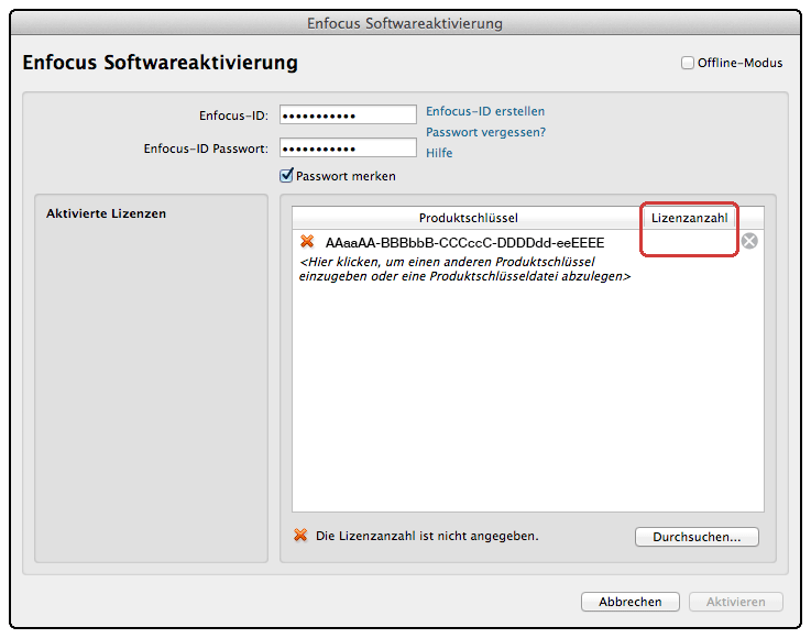 Zur Aktivierung wird nicht nur der Lizenzschlüssel sondern auch die Benutzer Anzahl benötigt