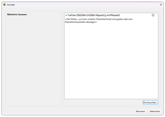 Eingabefenster für den Lizenzschlüssel als Datei oder per Zwischenablage Einfügen