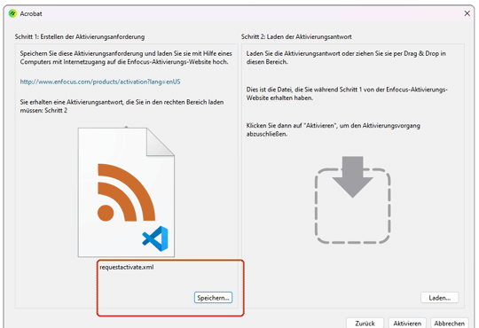 Die Anforderungsdatei wird gespeichert und an einen Internet fähigen Computer übertragen