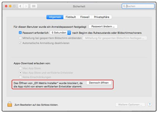 Über die Systemsteuerung im Bereich Sicherheit, Allgemein kann eine Einstellung verändert werden.