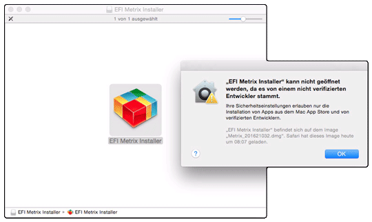 Der MacOS Installer kann den Entwickler nicht verifizieren.
