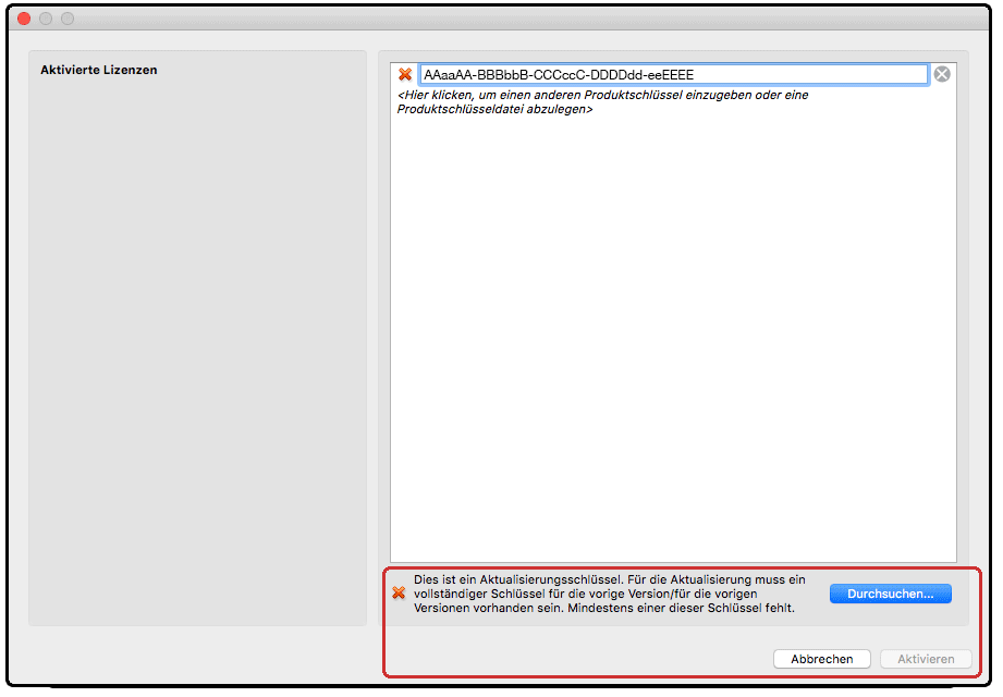 Ein falscher Produktschlüssel führt zur Fehlermeldung