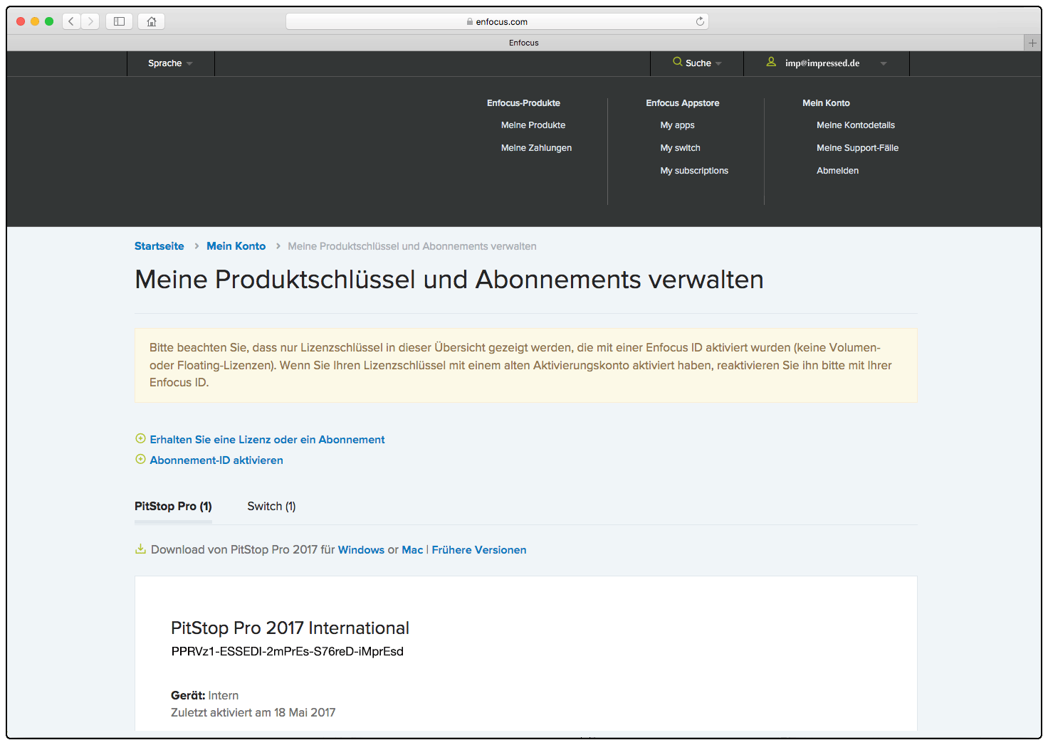 Die verwendetet Enfocus ID zeigt die aktiven Lizenzen