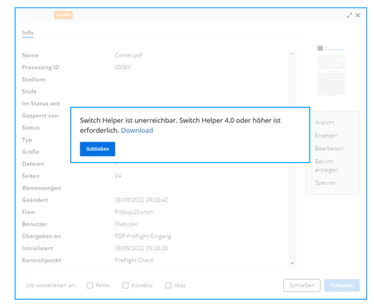 Hinweis auf eine fehlende Installation des Helpers