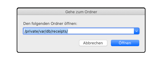 Finder Menü Gehe zu mit Pfad /private/var/db/receipts/