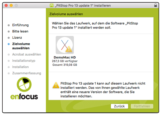 Der macOS Installer zeigt das ein Installation nicht möglich ist