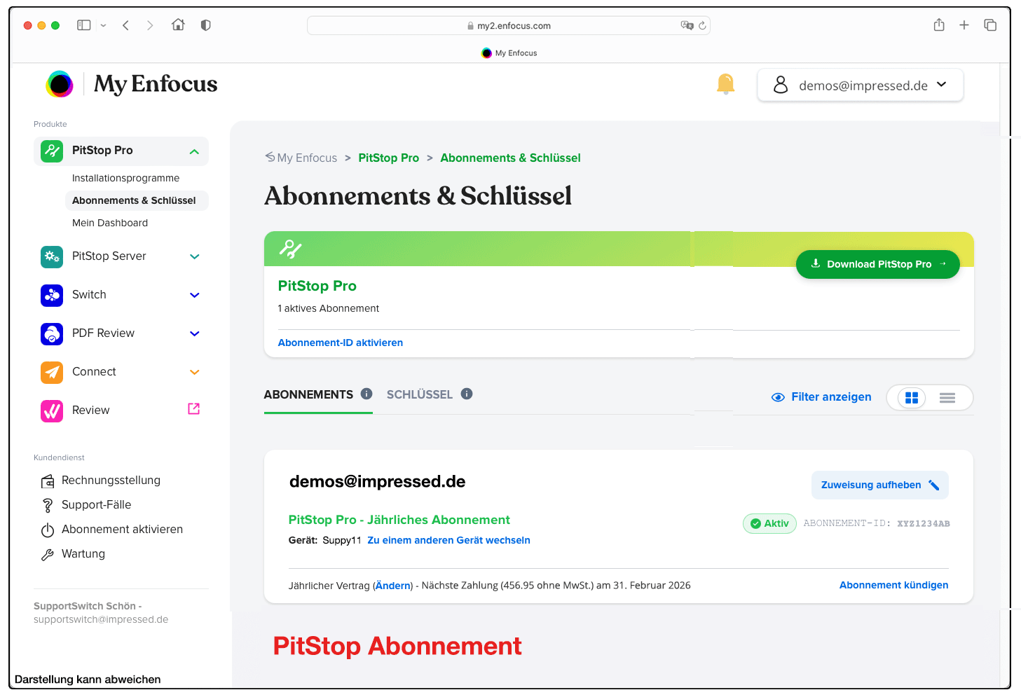 Eine zur Aktivierung verwendete Enfocus ID zeigt alle Lizenzschlüssel an