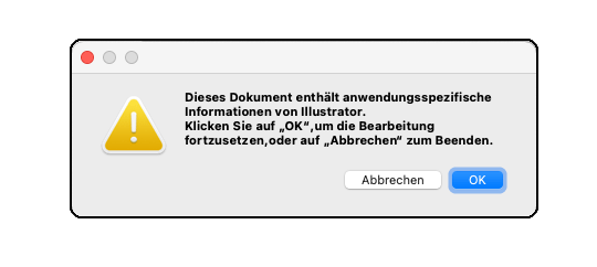 Eine Meldung beim Bearbeiten besagt: Dieses Dokument enthält anwendungsspezifische Informationen von InDesign...