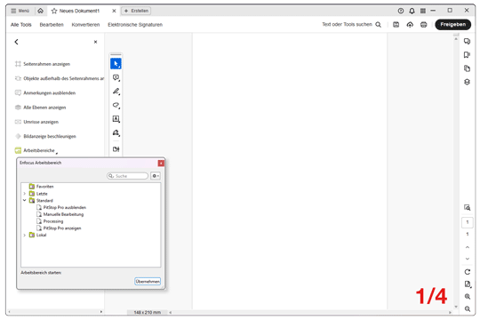 Der Arbeitsbereich( Workbench) kann eingerichtet und zum Starten von Werkzeugen verwendet werden