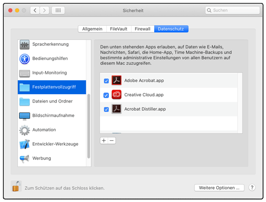 Systemeinstellung Datenschutz Acrobat freigeben.