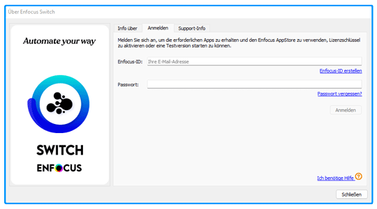 Mit dem Über Switch Fenster muss sich in eine Enfocus ID angemeldet werden