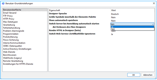 Die Grundeinstellung von Switch beitet einen automatischen Start von Switch und Flows an.