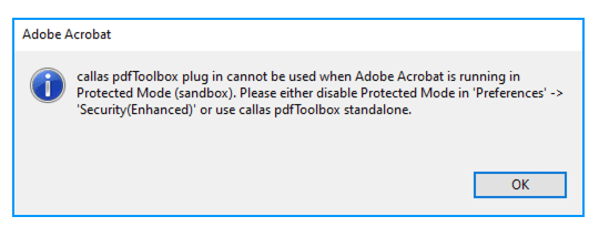 pdfToolbox plugin cannot be used when Adobe Acrobat is running in Protection Mode (sandbox)