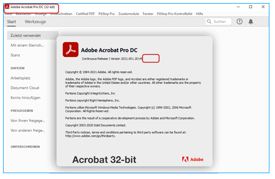 Informationsfeld Über Acrobat zeigt die 32- oder die 64-bit Version