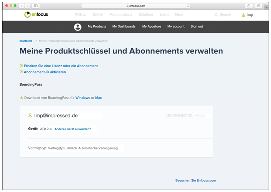 Enfocus ID zeigt das aktive Abonnement