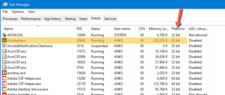 Über den Windows Taskmanager kann die entsprechende Acrobat Variante geprüft werden
