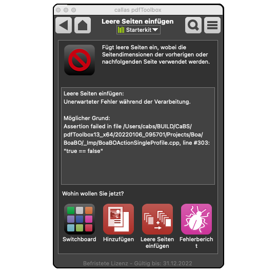 Assertion failed in file.....Fehlermeldung beim hinzufügen von leeren Seiten über das Switchboard