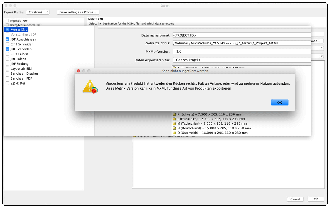 Eine Fehlermeldung bei der MXML Ausgabe wenn die Software in Deutsch verwendet wird