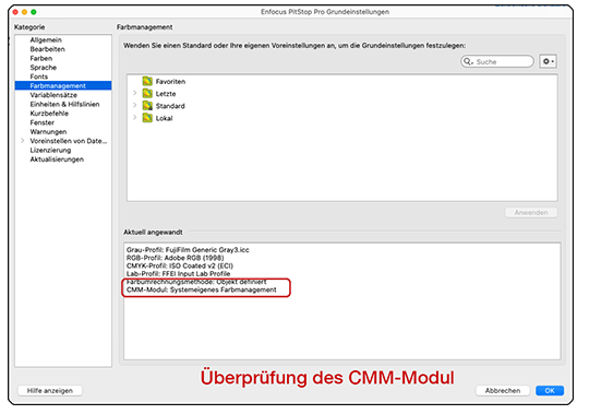 PitStop Pro Grundeinstellung Farbmanagement prüfen auf Systemeigenes Farbmanagement