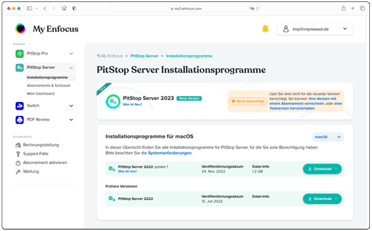 ein gültiger Wartungsvertrag für PitStop Server vorhanden in der Enfocus ID