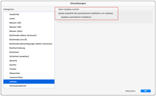 Deaktivierung von automatischen Updates in der Acrobat Grundeinstellung
