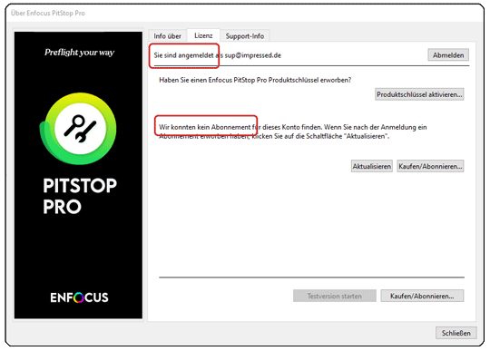Es besteht eine Anmeldung zu einer Enfocus ID mit einer Subskription Lizenz, trotzdem wird kein Abo gefunden.