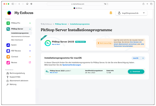 Enfocus ID meldet: Sie sind nicht berechtigt weil Sie keinen Wartungsvertrag für Switch haben
