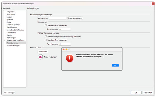 Anmeldung in die Enfocus Cloud erfolgt über die PitStop Pro Grundeinstellung-Verknüpfung