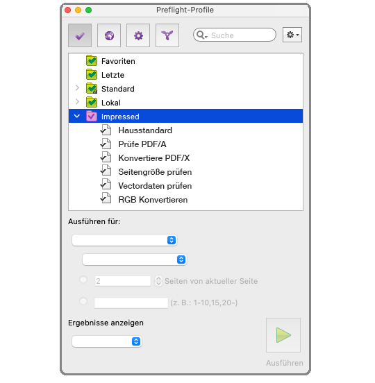 Preflight Fenster mit Zugang zu Profilen aus der Cloud