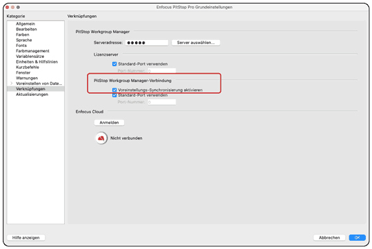 Voreinstellung in PitStop Pro Workgroup Manager Synchronisieren aus