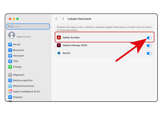 Systemeinstellung-Datenschutz und Sicherheit Lokalen Netzwerk Acrobat Kommunikation erlauben