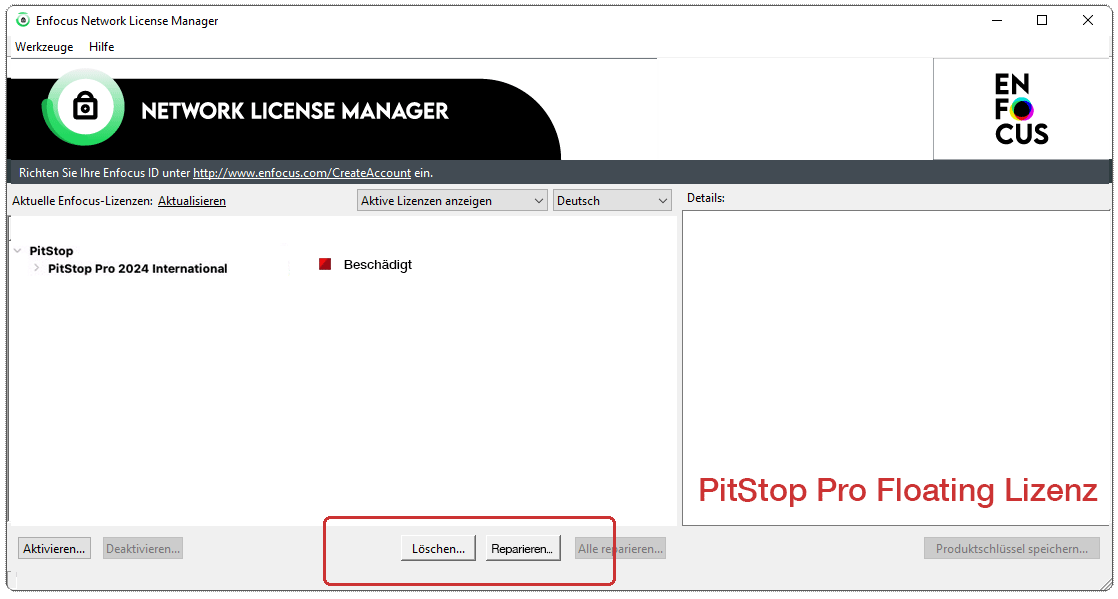 Mit Hilfe des Lizenz Manager lassen sich Lizenzen Reparieren oder Löschen