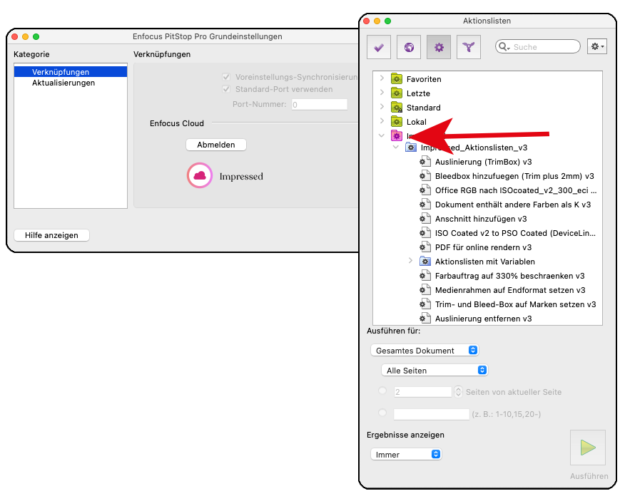 Es zeigt sich unter PitStop Pro die gemeinsame Bibliothek