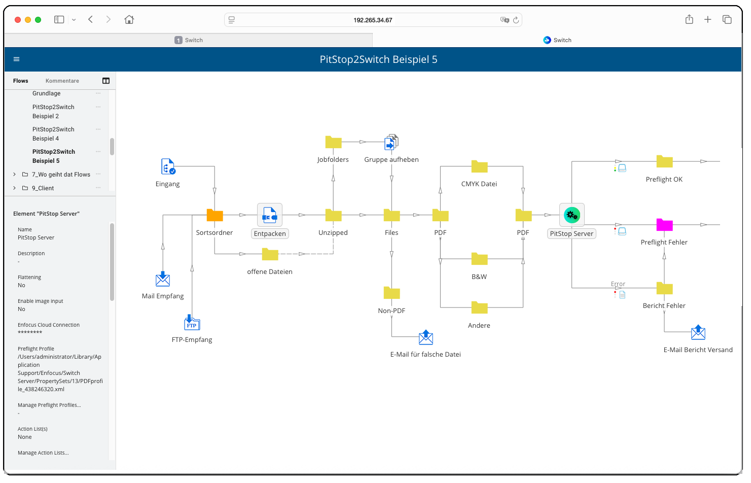 Die Darstellung von Flows mit seinen Elementen die per Mausklick Informationen anzeigen