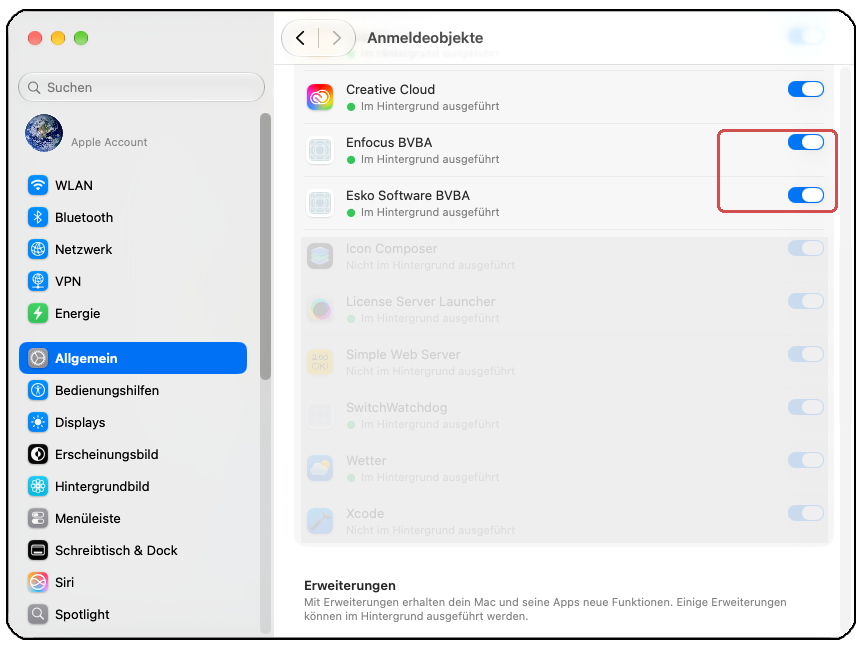 Hintergrundobjekt Enfocus BVBA muss aktiviert sein
