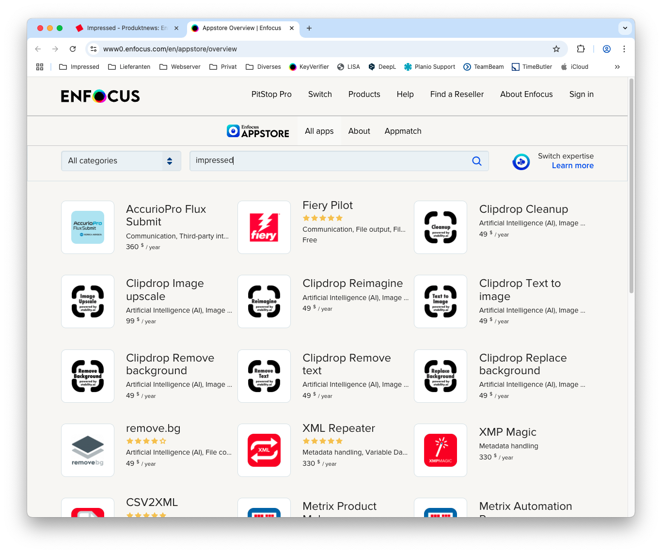 Appstore Übersicht einiger Impressed Apps