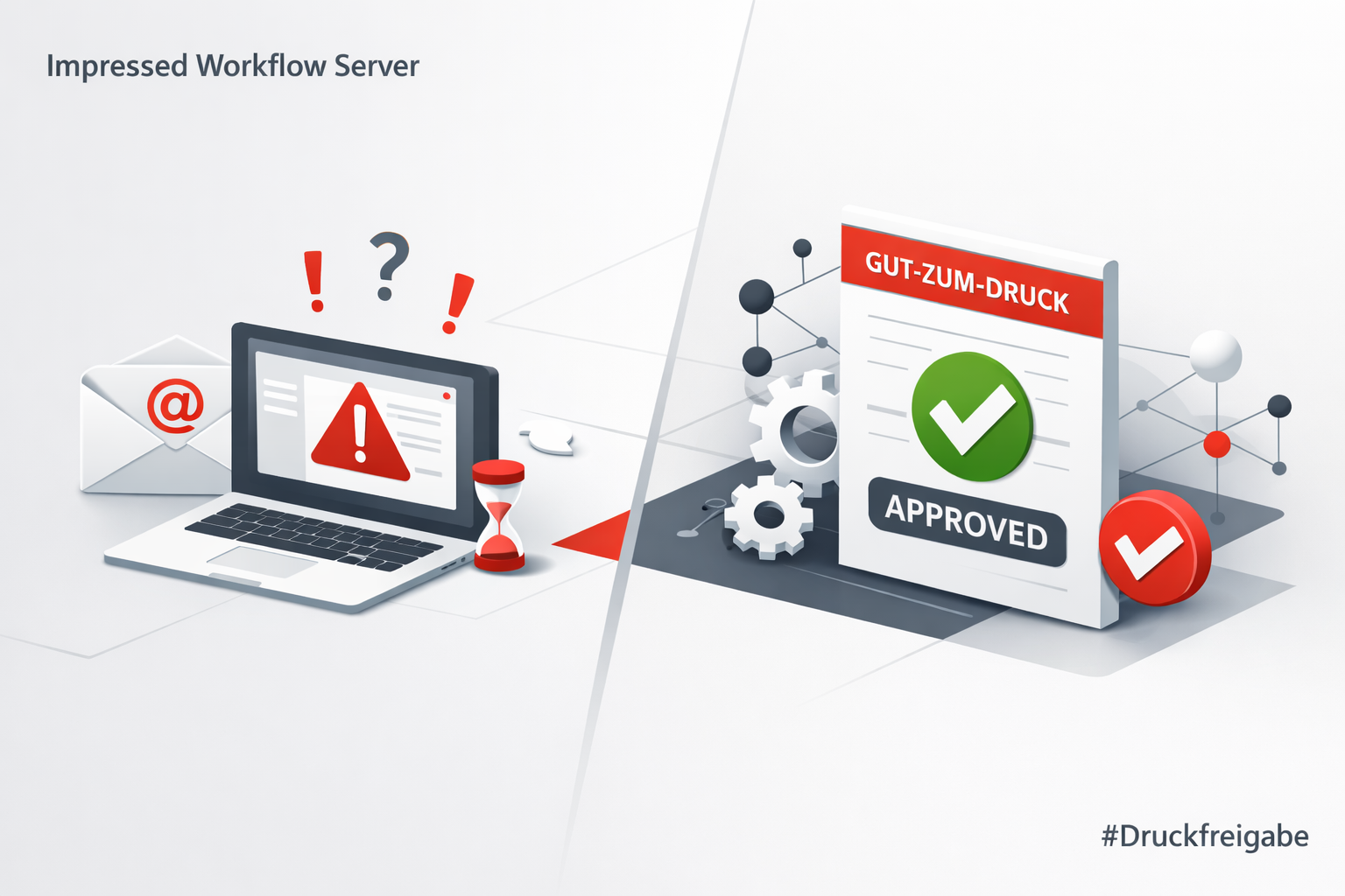 Das Bild zeigt symbolisch den Freigabeprozess in der Druckvorstufe in Druckereien. Dieser kann mit innovativen Lösungen automatisiert werden.