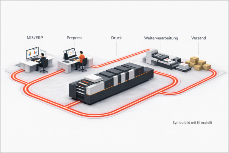 Das Symbolbild zeigt die Produktion einer Druckerei und erläutert bildlich die Bedeutung von Metadaten für den reibungslosen Ablauf automatisierter Prozesse.