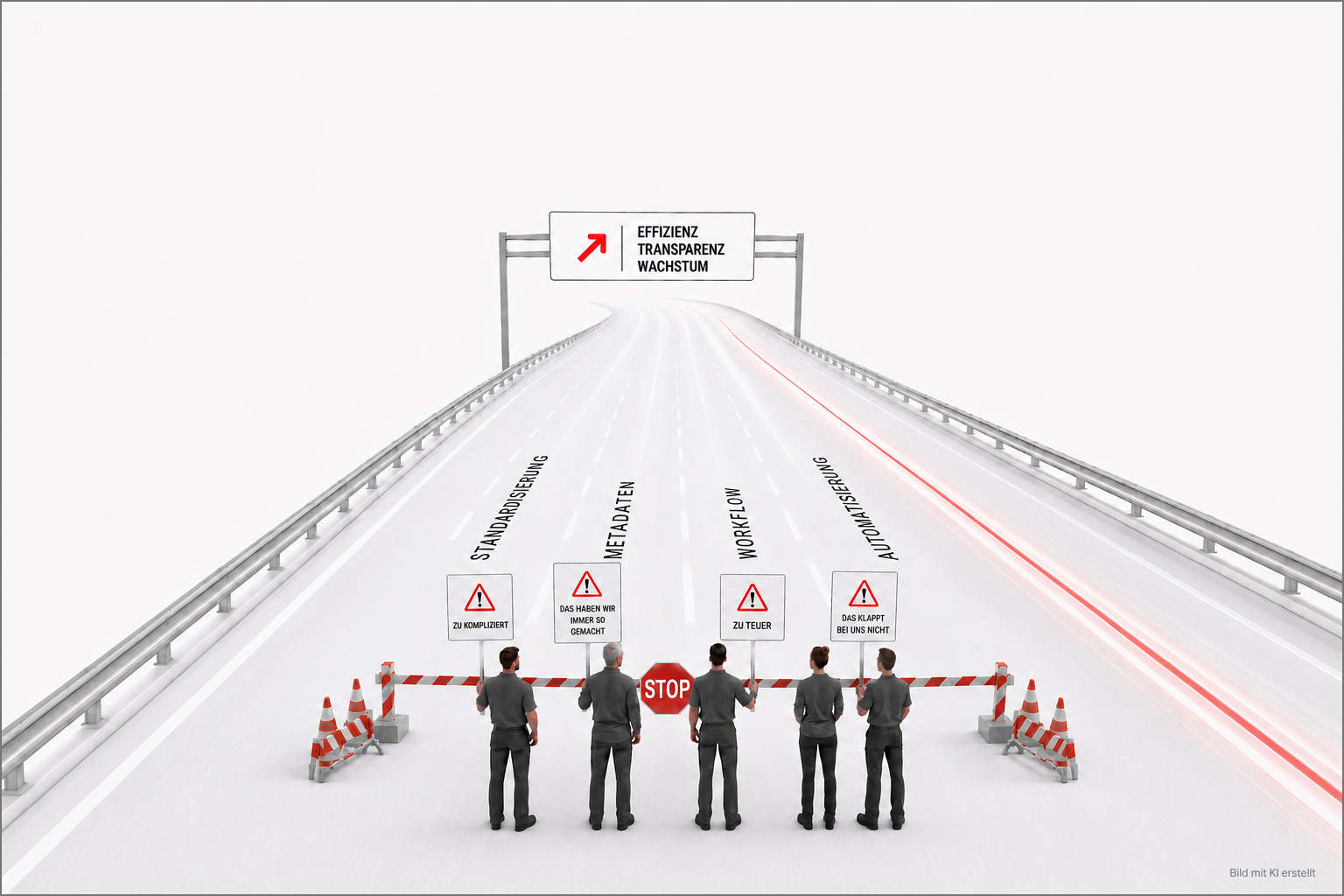 Das Bild zeigt eine Autobahn in Richtung Effizienz und Wachstum. Auf dem Weg dahin ist die Standardisierung und Automatisierung von Prozessen auch in Druckereien nötig. Viele Druckereien haben aber noch Vorurteile dagegen wie Komplexität, Kosten und „das haben wir immer schon so gemacht". Sie haben einfach nicht das richtige Mindset.